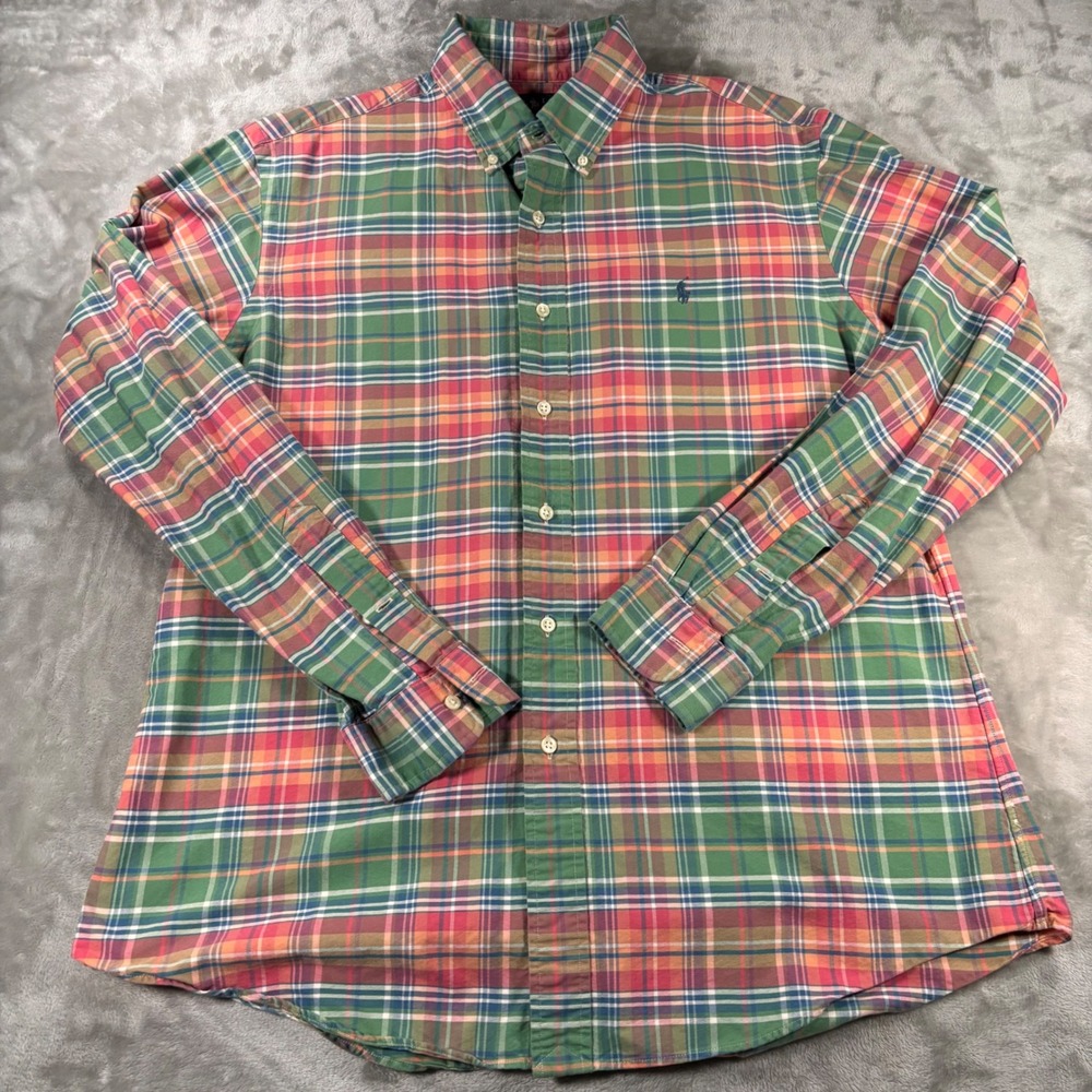 Ralph Lauren Mens Custom Fit Plaid Button Down Shirt Green Pink Orange Large